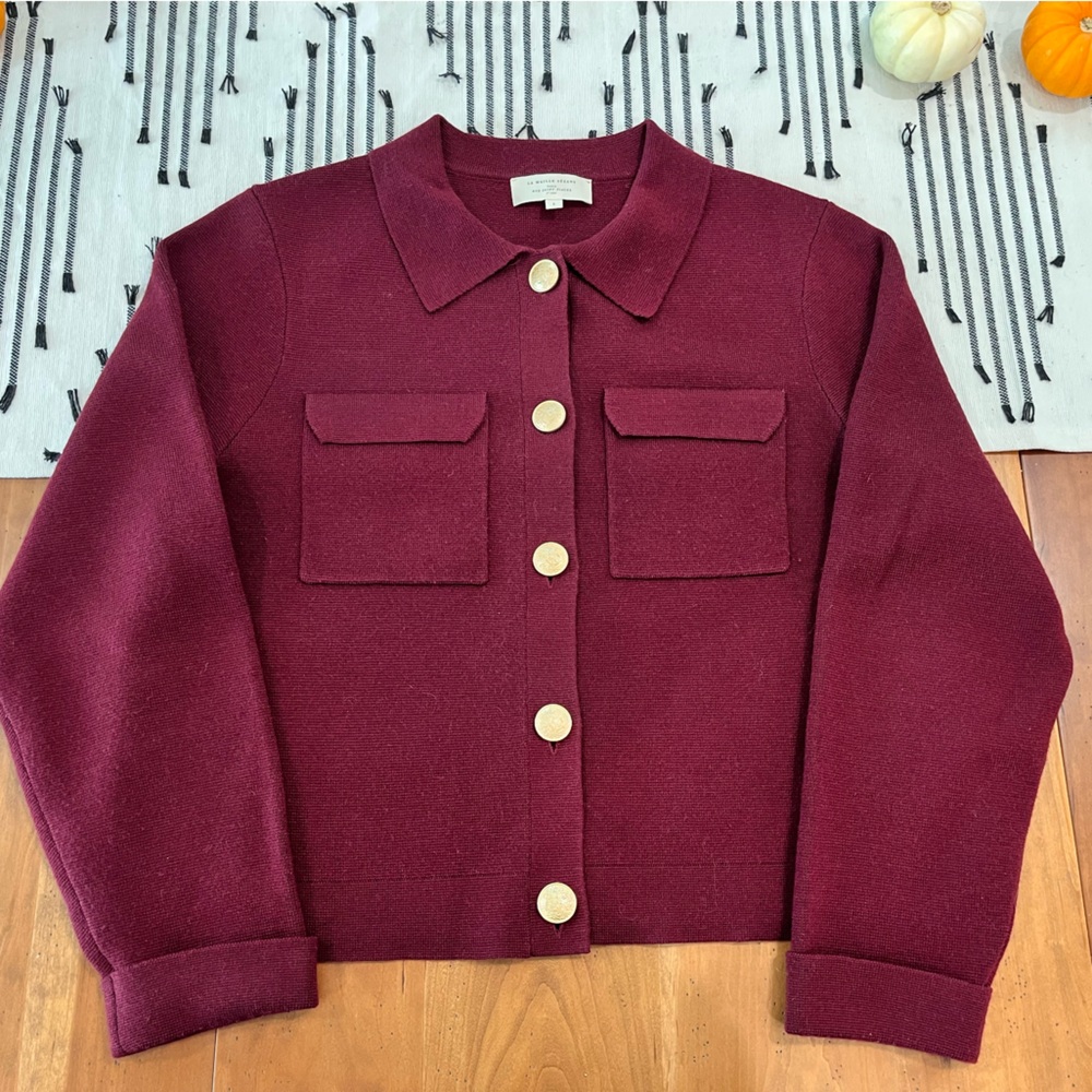 Sezane Betty Burgundy Merino Wool Cardigan with Gold Buttons